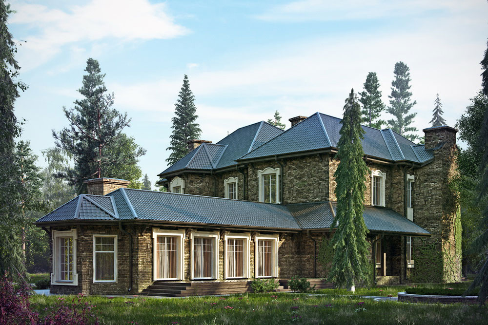 Дом в английском стиле. Вид на бассейн