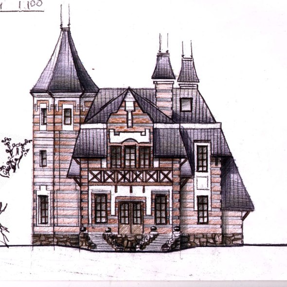 Проект готического коттеджа. Эскиз главного фасада