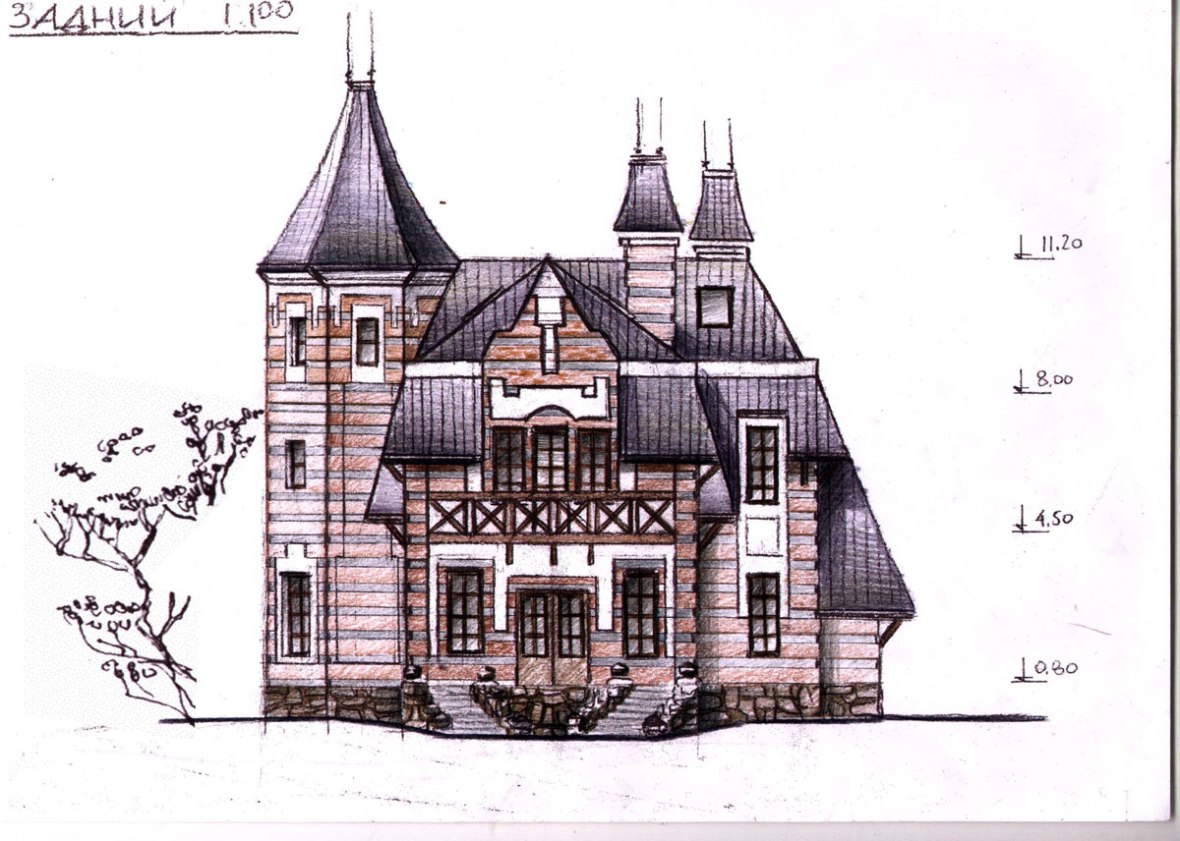 Проект готического коттеджа. Эскиз главного фасада