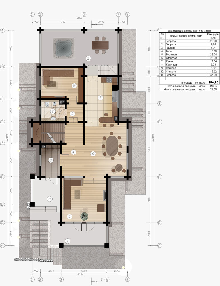Деревянный дом. План первого этажа