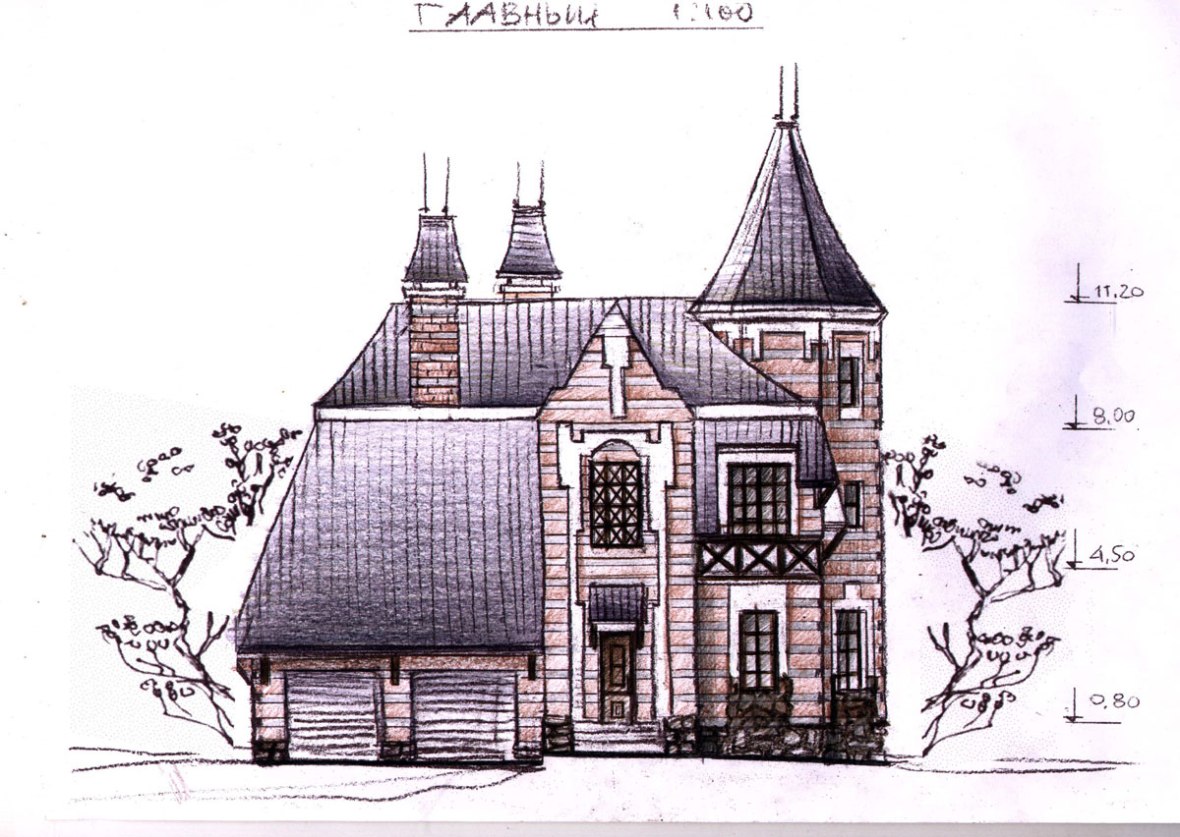 Проект готического коттеджа. Эскиз фасада