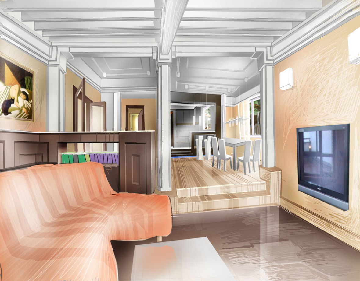 Деревянный дом. Эскиз гостиной