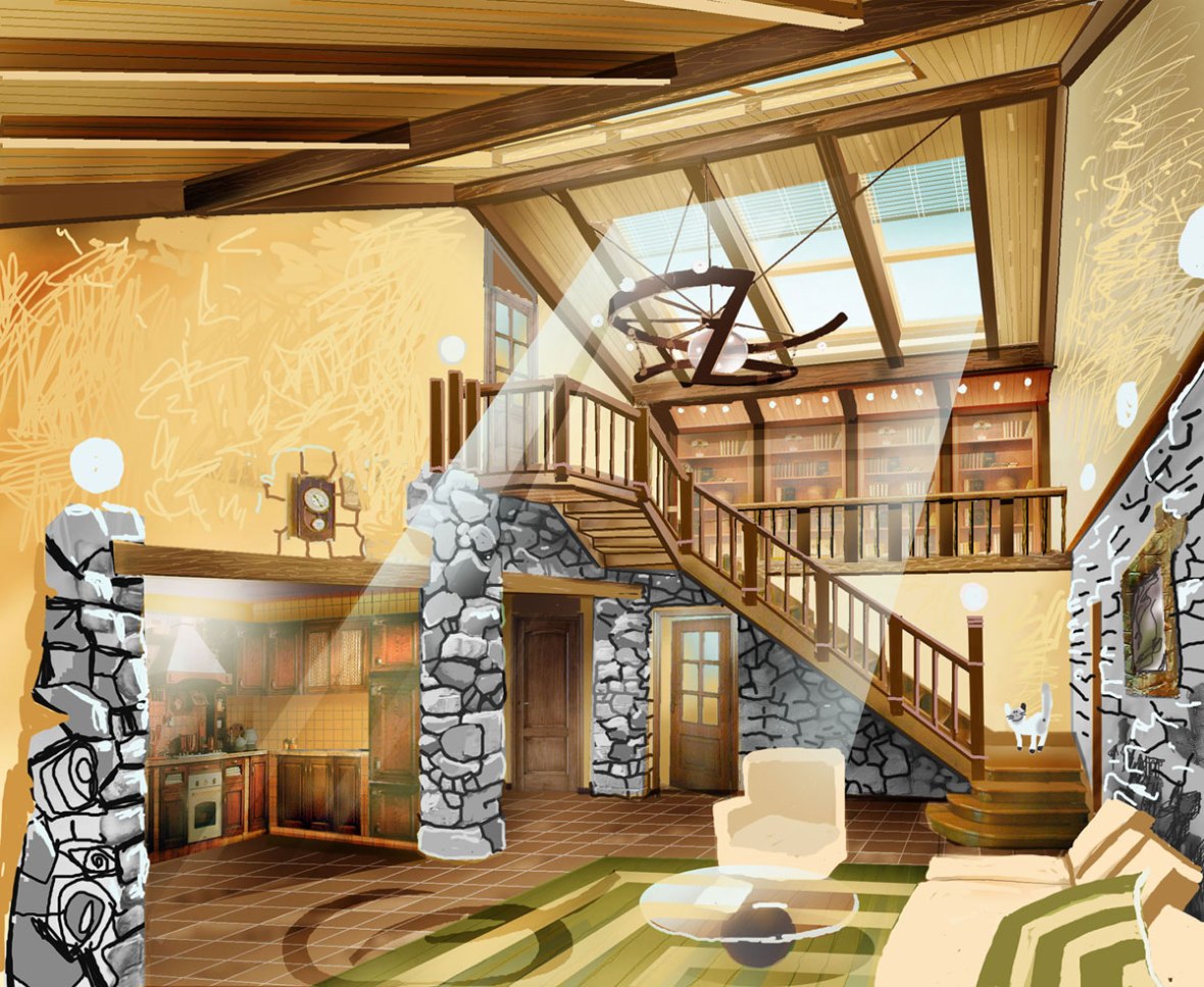 Дом-шале. Эскиз гостиной