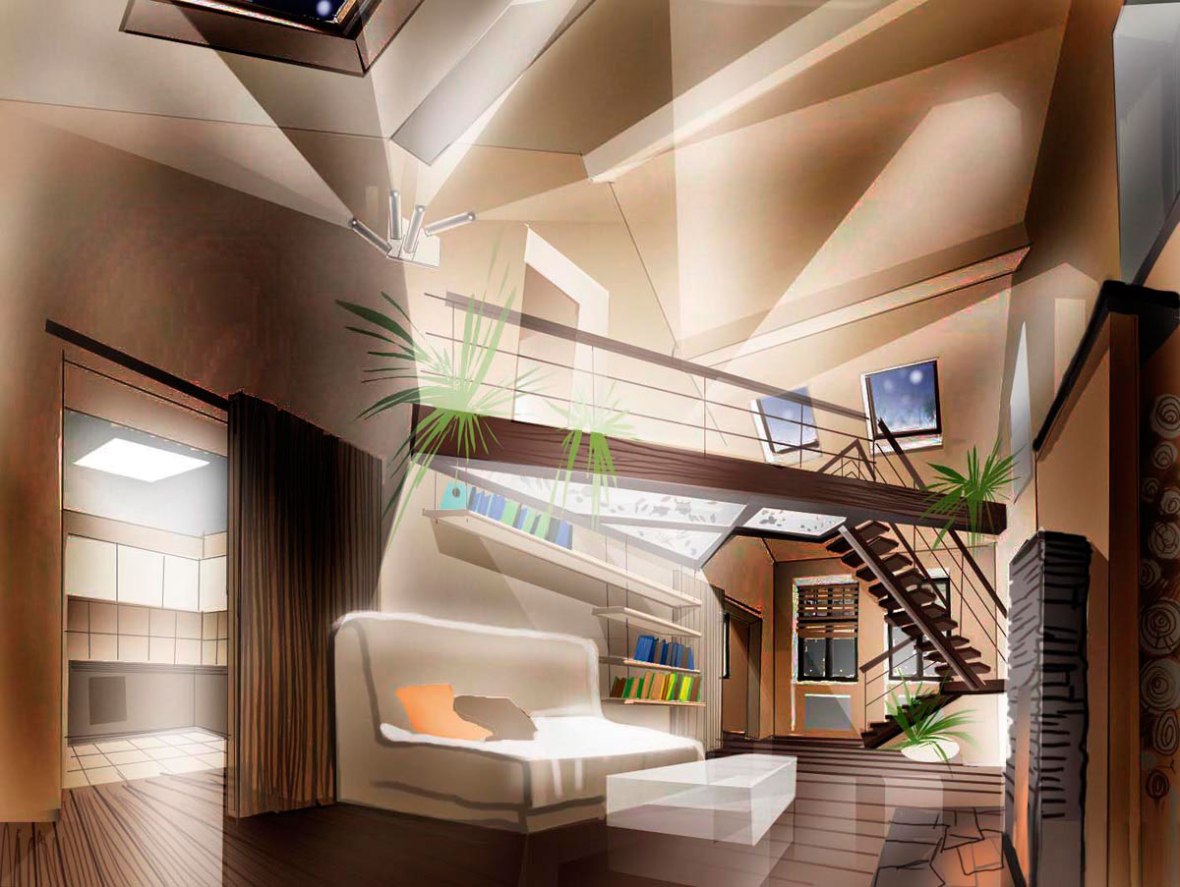 Дизайн коттеджа. Уютный минимализм. Эскиз подсветки гостиной