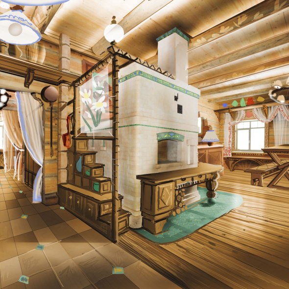 Интерьер бревенчатого дома. Кухня-столовая