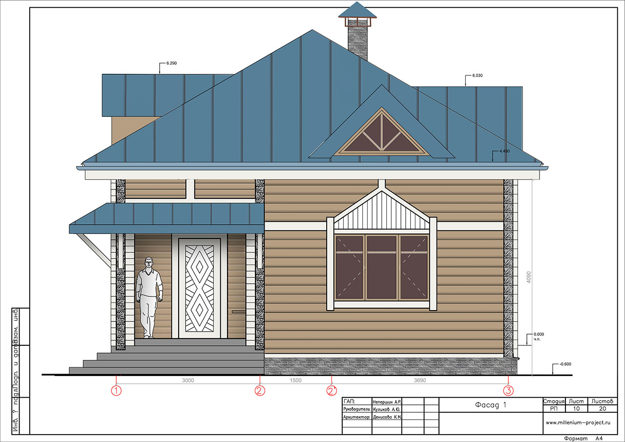Вариант фасада деревянного дома из бруса.